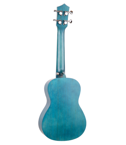 The backside of a blue concert sized ukulele