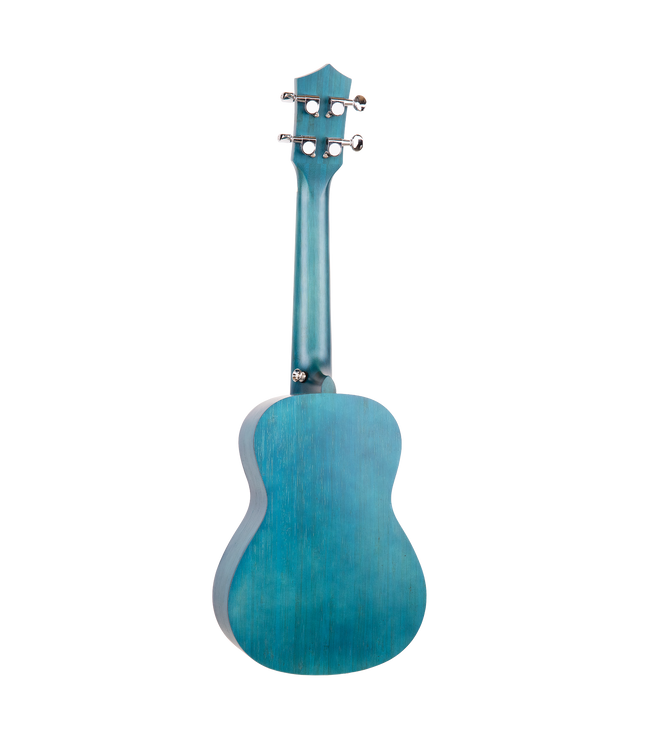 The backside of a blue concert sized ukulele