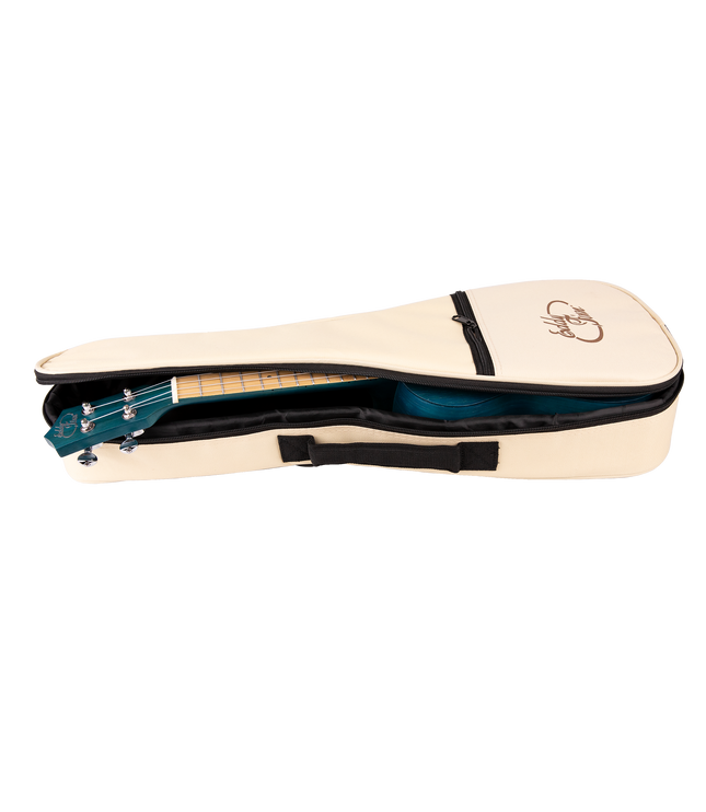 A blue ukulele inside a cream colored gig bag with Eddy Finn branding