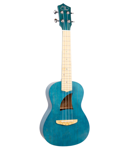 A blue concert sized ukulele with Eddy Finn branding on the headstock