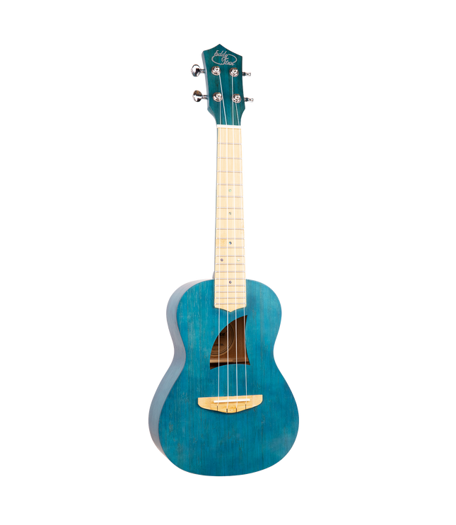 A blue concert sized ukulele with Eddy Finn branding on the headstock