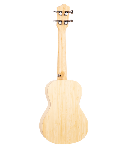 The backside of a natural colored bamboo ukulele