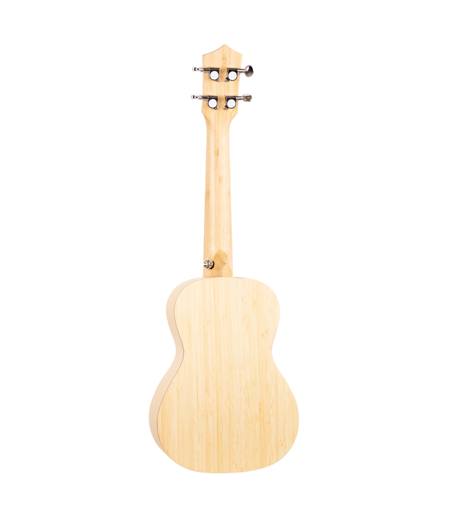The backside of a natural colored bamboo ukulele