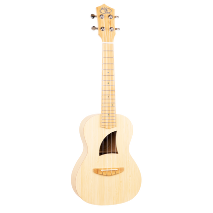 A natural colored bamboo ukulele with Eddy Finn branding on the headstock