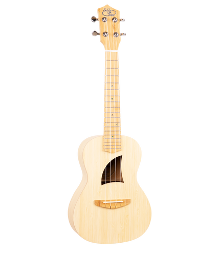 A natural colored bamboo ukulele with Eddy Finn branding on the headstock