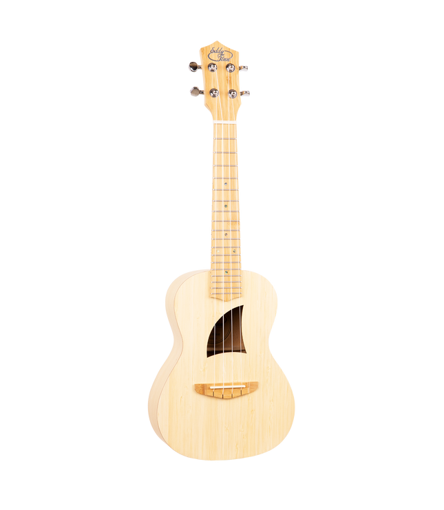 A natural colored bamboo ukulele with Eddy Finn branding on the headstock