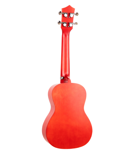 The backside of a red concert sized ukulele