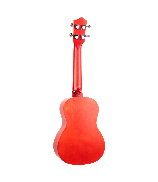 The backside of a red concert sized ukulele