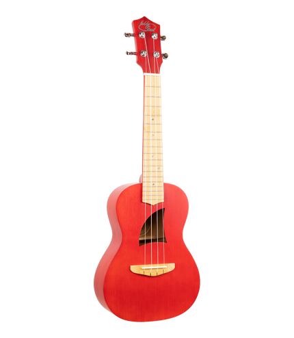 A red concert sized ukulele with Eddy Finn branding on the headstock