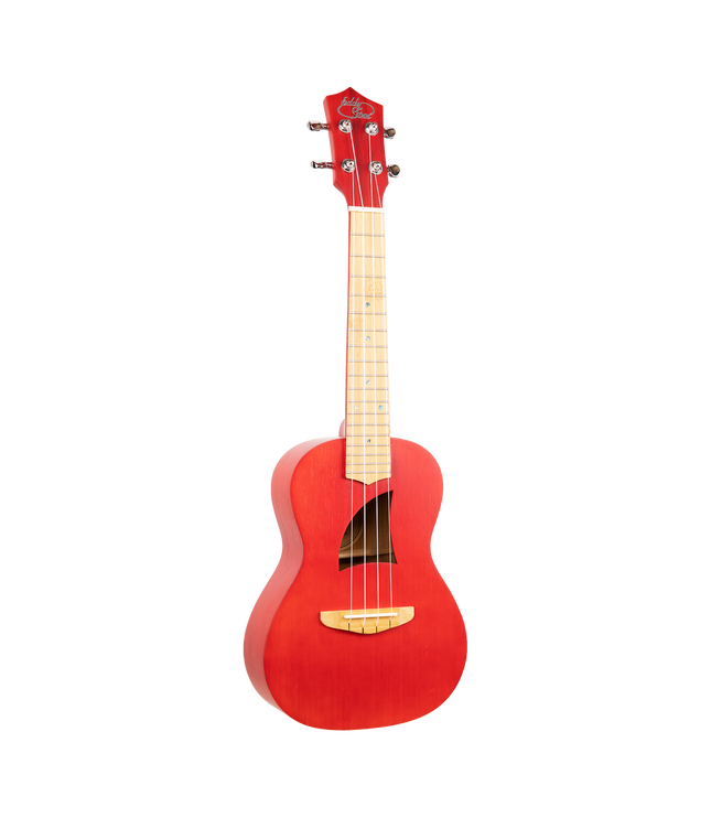 A red concert sized ukulele with Eddy Finn branding on the headstock