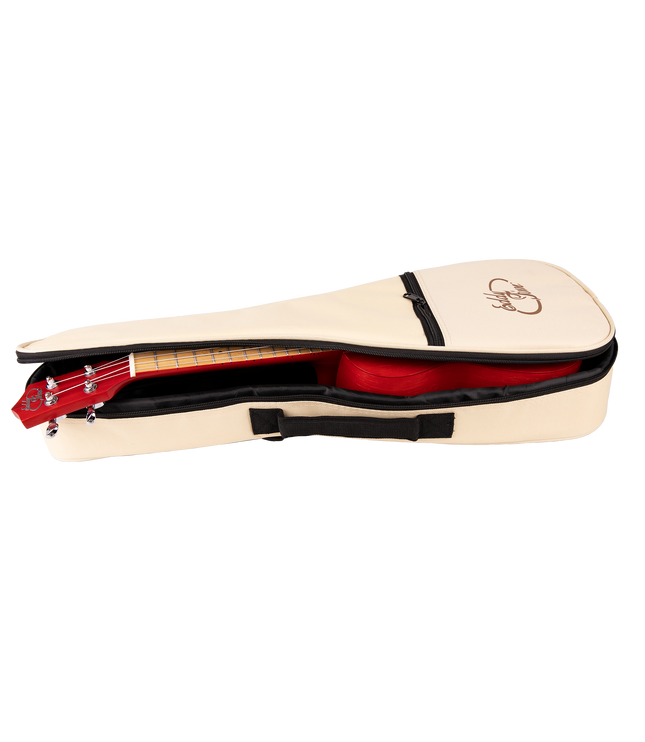 A red ukulele inside a cream colored gig bag with Eddy Finn branding