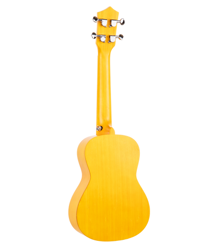 The backside of a yellow concert sized ukulele
