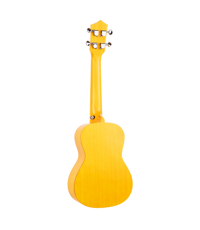 The backside of a yellow concert sized ukulele