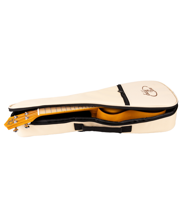 A ukulele inside a cream colored gig bag with Eddy Finn branding