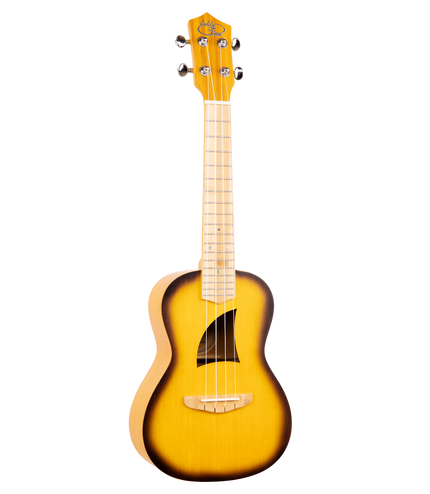 A sunburst colored concert size ukulele with Eddy Finn branding