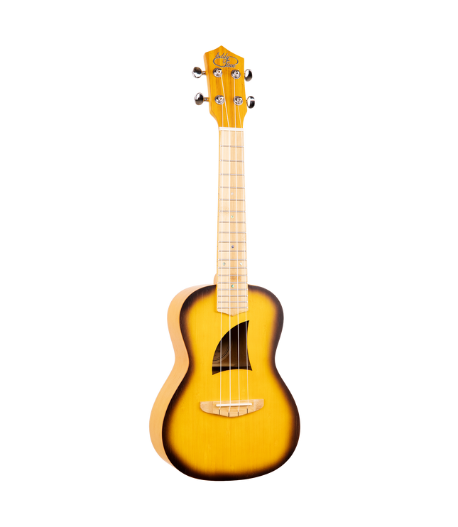 A sunburst colored concert size ukulele with Eddy Finn branding