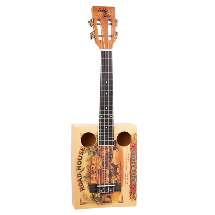 Front view of a cigar box ukulele with roadhouse graphics and 'Eddy Finn' branding