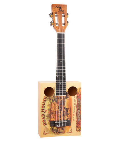 Front view of a cigar box ukulele with roadhouse graphics and 'Eddy Finn' branding
