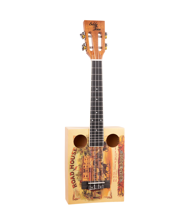 Front view of a cigar box ukulele with roadhouse graphics and 'Eddy Finn' branding