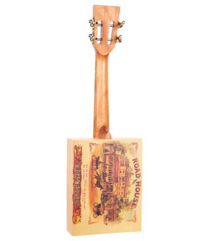 Back view of a cigar box ukulele with roadhouse graphics