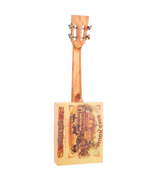 Back view of a cigar box ukulele with roadhouse graphics