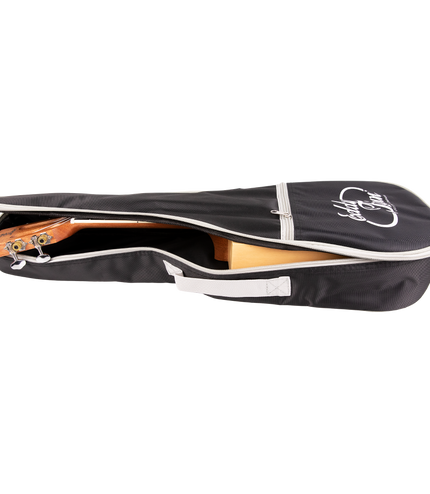 A black and gray ukulele bag with a ukulele inside and 'Eddy Finn' branding on the outside