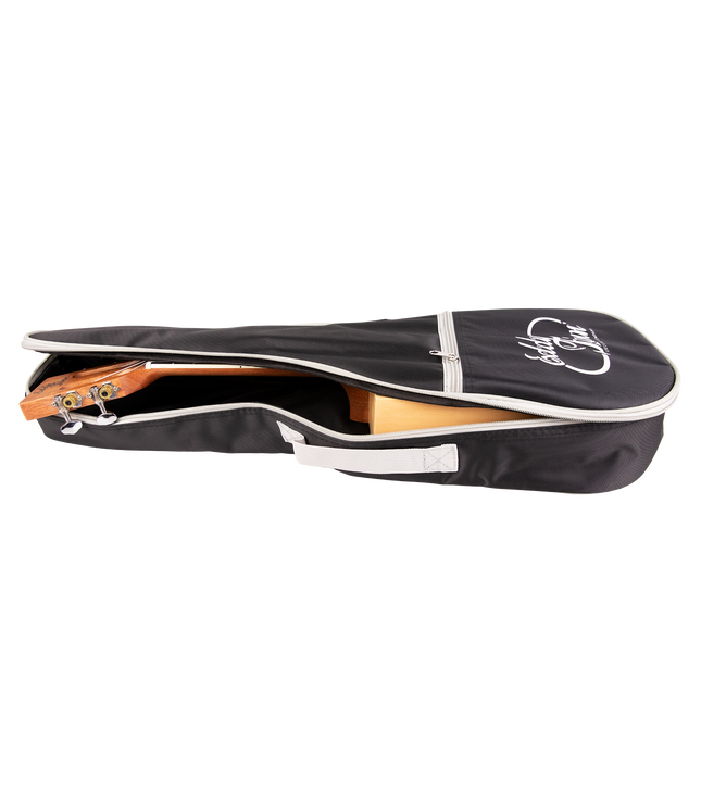 A black and gray ukulele bag with a ukulele inside and 'Eddy Finn' branding on the outside