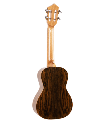The backside of a ukulele with dark wood figuring