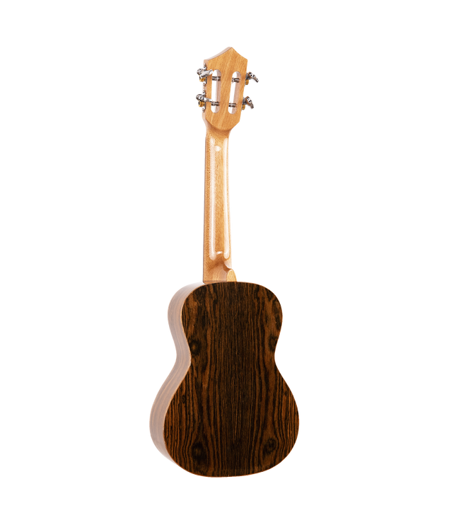 The backside of a ukulele with dark wood figuring
