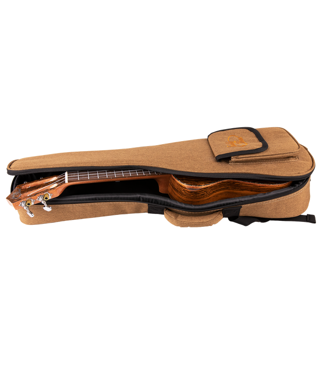 A ukulele inside a tan colored gig bag with Eddy Finn branding