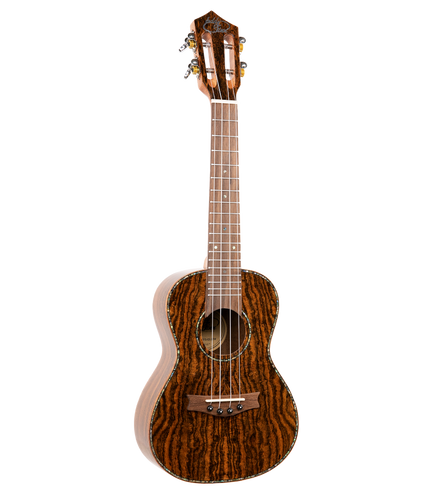 A concert ukulele with dark wood figuring with Eddy Finn branding