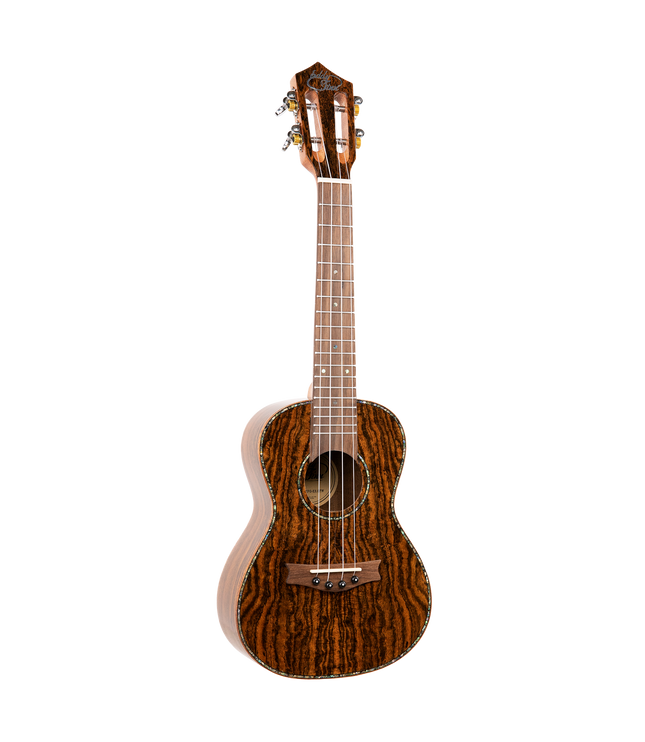 A concert ukulele with dark wood figuring with Eddy Finn branding