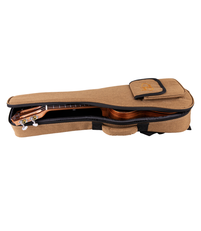 A ukulele inside a tan gig bag with Eddy Finn branding