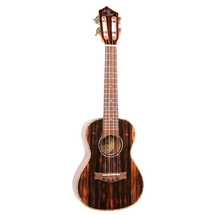 A concert sized ukulele with ebony wood and Eddy Finn branding