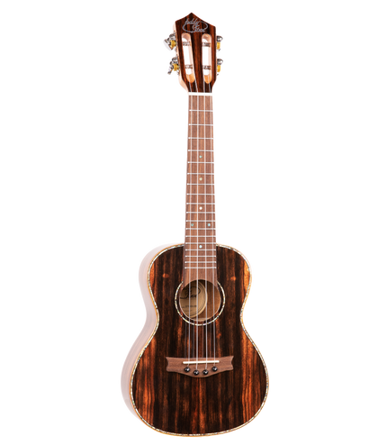 A concert sized ukulele with ebony wood and Eddy Finn branding