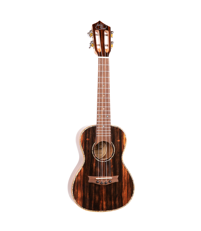 A concert sized ukulele with ebony wood and Eddy Finn branding