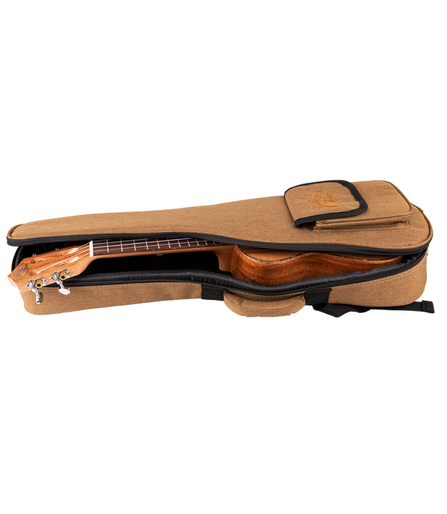 A ukulele inside a tan colored gig bag with Eddy Finn branding