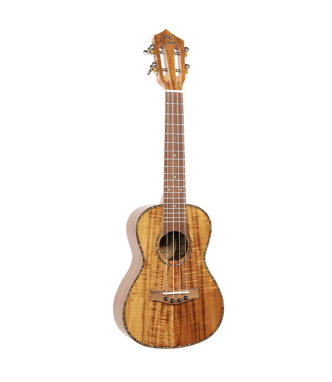 A ukulele with Koa wood and Eddy Finn branding