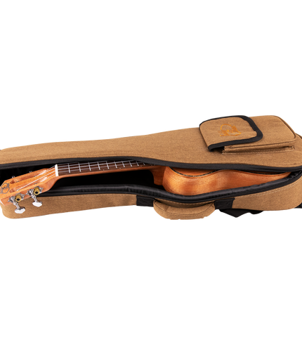 A ukulele inside a tan colored gig bag with Eddy Finn branding