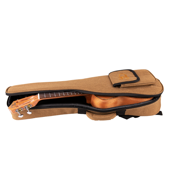 A ukulele inside a tan colored gig bag with Eddy Finn branding