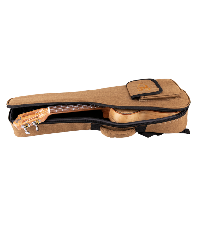 A ukulele inside a tan gig bag with Eddy Finn branding