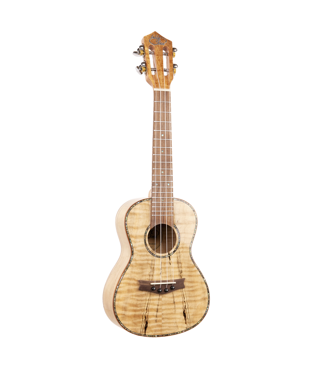 A concert ukulele with spalted wood and Eddy Finn branding