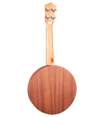 A back view of a mahogany ukulele with a round body