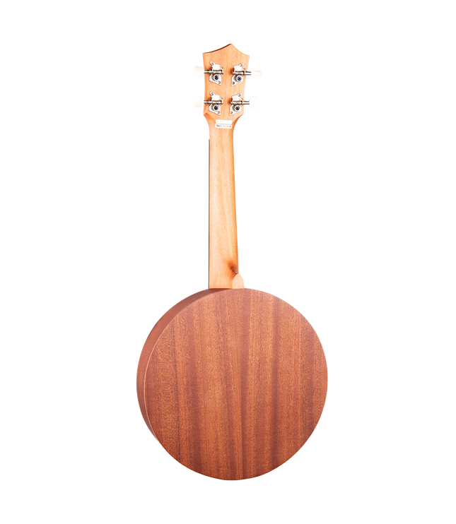 A back view of a mahogany ukulele with a round body