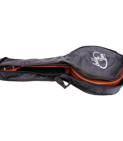 A black ukulele gig bag with a ukulele and 'Eddy Finn' branding