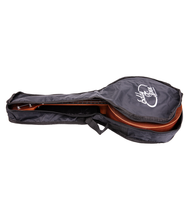 A black ukulele gig bag with a ukulele and 'Eddy Finn' branding