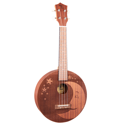 A mahogany ukulele with a round body that has moon and star designs
