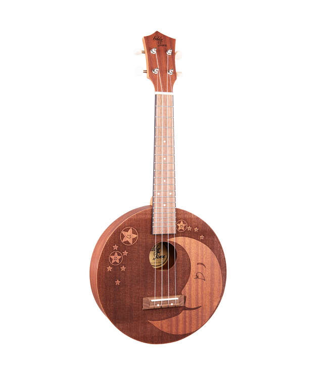 A mahogany ukulele with a round body that has moon and star designs