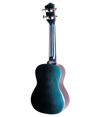 The back of a ukulele with a sparkle green and purple finish