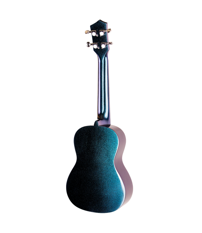 The back of a ukulele with a sparkle green and purple finish